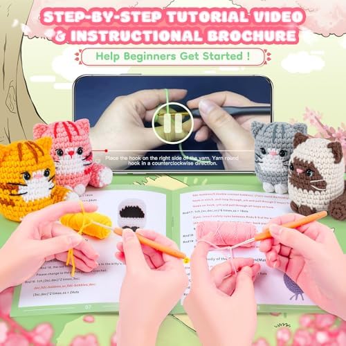 Crochet Kit for Beginners -4 PCS Cat Crochet Kit with Step-by-Step Video Tutorials, Learn to Crochet Kits for Adults, Beginner Crochet Kits for Adults, Animals Cat Crafts Knitting Kit Galentines Gifts - Image 2