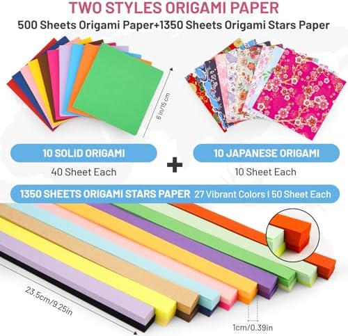 AluAbi Origami Paper Kit 500 Sheets & 1350 Star Strips for Kids 5-12 - Image 2