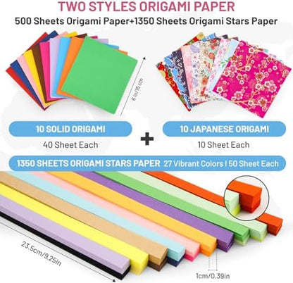 AluAbi Origami Paper Kit 500 Sheets & 1350 Star Strips for Kids 5-12 - Image 2