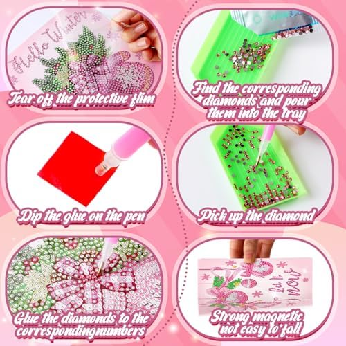 Saillong 12 Pack Pink Winter Diamond Painting Greeting Card Kits Winter Diamond Art Cards with Envelopes Snowman 5D Rhinestones Painting Making Kits for Adults DIY Craft Family Friend Holiday Gifts - Image 6