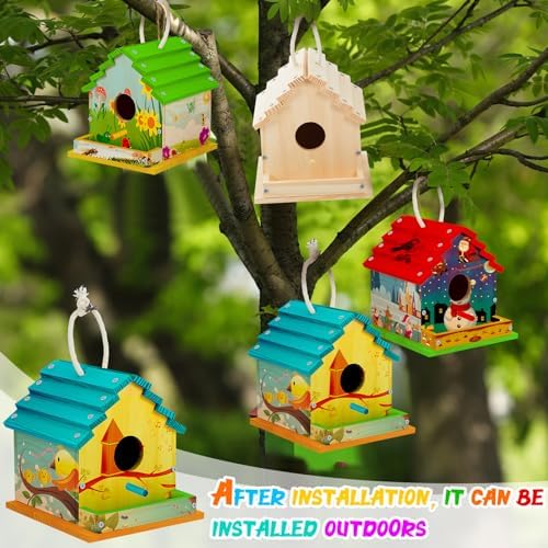 Juexica 4 Pack DIY Birdhouse Kits for Kids Ages 6+ Build and Paint Wooden Bird House Arts and Craft Project with Paint Strips Brushes for Boy Girl Adult Classroom Indoor Outdoor Crafts (Groovy) - Image 6