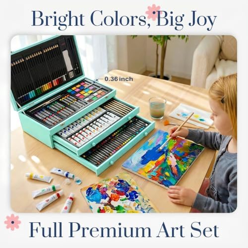 194 Piece Deluxe Art Set, Painting Drawing Art Supplies with 4 Drawing Pads, Acrylic Paints, Crayons, Colored Pencils Set in Wooden Case, Art Kit Gift Box for Kids, Teens, Adults, Artists, Beginners - Image 3