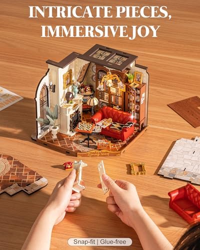 ROBOTIME DIY Miniature House Kit, Mini Dollhouse Kit, Tiny House Kit for Adults, Wooden Furniture Kit with LED, Halloween/Christmas/Birthday Gifts for Family/Friends(Catherine's Living Room) - Image 4