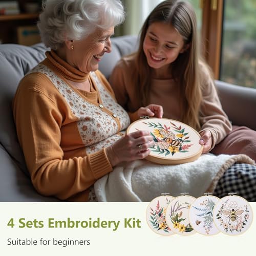 Santune 4 Pack Embroidery Kit for Beginners,Needlepoint Cross Stitch Kits for Adults,Needle Point Sets with Bee Flower Pattern Stitch Video Tutorial - Image 5