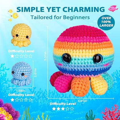 Crochetta Crochet Kit for Beginners, Crochet Kit Step-by-Step Video Tutorials, Crochet Starter Kit Learn to Crochet Kits for Adults Kids Beginners, Jumbo 3 Colorful Octopus Familly (40%+ Yarn Content) - Image 4