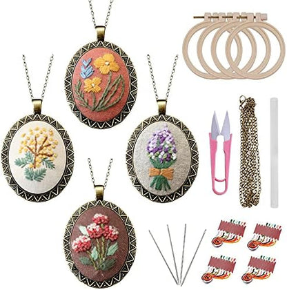 ZOCONE 4 Packs Embroidery Necklace Kits, Embroidery Pendant Kit Mini Cross Stitch Kit with 4 Hoops, Necklace, Pendant, Stamped Pattern Cloth, Instructions, etc., Embroidery Kits for Adults by ZOCONE