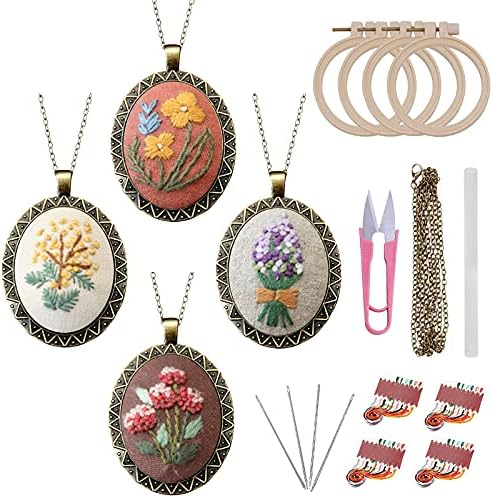 ZOCONE 4 Packs Embroidery Necklace Kits, Embroidery Pendant Kit Mini Cross Stitch Kit with 4 Hoops, Necklace, Pendant, Stamped Pattern Cloth, Instructions, etc., Embroidery Kits for Adults by ZOCONE