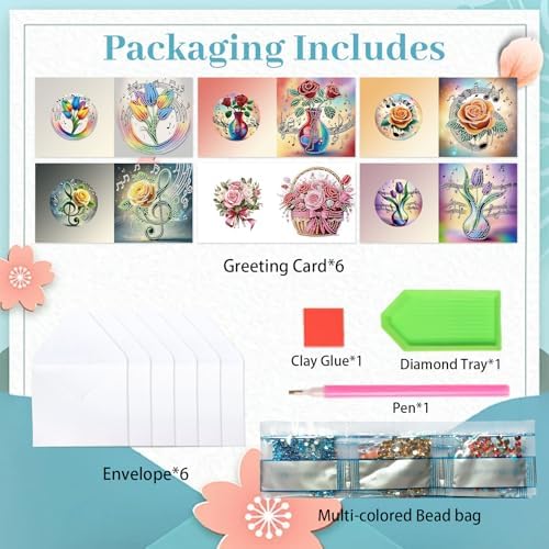 Tontut 6pcs Diamond Painting Kit Greeting Card, Note Flower 5D DIY Diamond Handmade Holiday Greeting Card with Envelope, Christmas Gift Congratulation - Image 3
