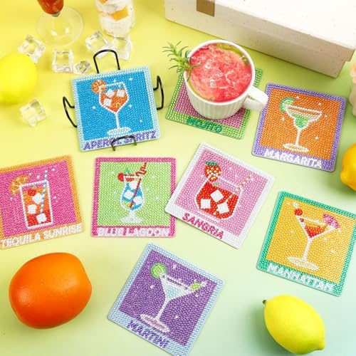 UPINS 8Pcs Cocktail Diamond Art Coasters,Summer Beach Diamond Art Coasters with Holder for Adults DIY Drink Bar Party Home Warming Gifts - Image 5