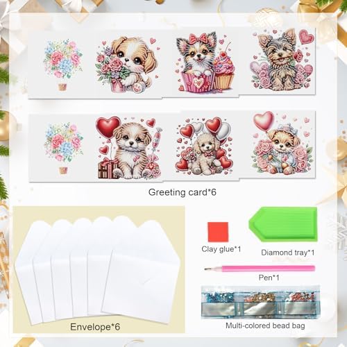 LazyFold 6 Pcs Diamond Art Painting Greeting Cards Kits, DIY Cute Puppy Handmade Festival Greeting Cards with Envelopes Diamond Art Crafts Birthday Cards Creative Valentine's Day Gift - Image 3