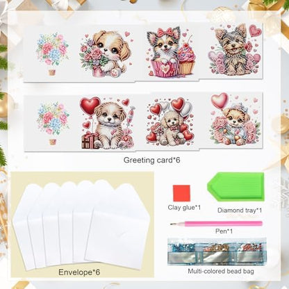 LazyFold 6 Pcs Diamond Art Painting Greeting Cards Kits, DIY Cute Puppy Handmade Festival Greeting Cards with Envelopes Diamond Art Crafts Birthday Cards Creative Valentine's Day Gift - Image 3