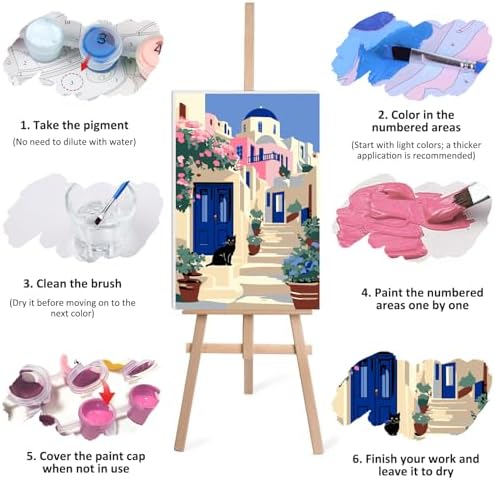 Lxmsja Greek Village Paint by Numbers Kit for Adults, Black Cat Acrylic Paint by Numbers for Adults Beginner, DIY Craft Supplies Oil Painting Kits for Home Wall Decor 8x12 inch (Framed) - Image 7