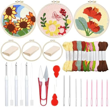 Woohome Punch Needle Kit Included Plastic Hoops, Punch Needle Cloth, Color Yarn and Punch Needle Tools for Adults, Beginners (Sunflowers, Butterflies and Flowers) by Woohome