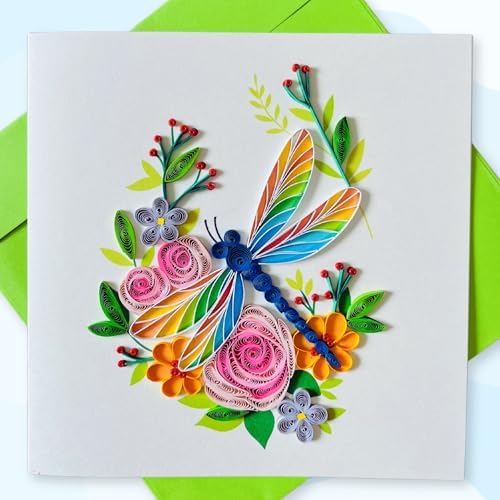 Quilling Cards, handmade card, quilled cards with Dedicated Paper, quilling birthday cards for women or all occasions: Mother's day, Greeting card, Birthday... daisy bouquet (Flowers with dragonfly) by SaigonWillingCraft