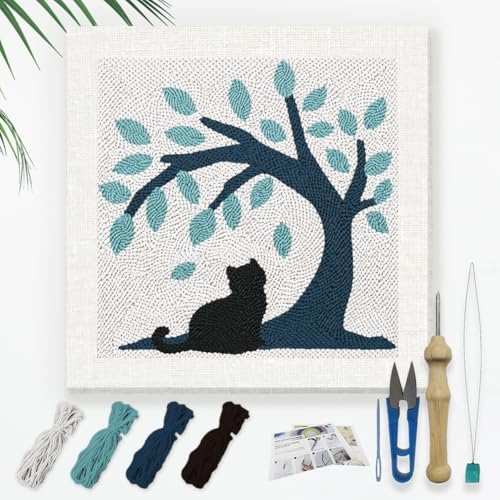 Doodlream Cat Under Tree Needle Kit for Beginner, 9.4"x 9.4" Black Kitty Punch Stitching Craft Set, DIY Embroidery Starter with Printed Frame, Instruction, Threader, Yarn, Pinch Needle by Doodlream