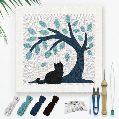 Doodlream Cat Under Tree Needle Kit for Beginner, 9.4"x 9.4" Black Kitty Punch Stitching Craft Set, DIY Embroidery Starter with Printed Frame, Instruction, Threader, Yarn, Pinch Needle by Doodlream