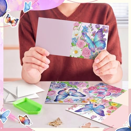 Saillong 12 Pack Butterfly Diamond Painting Greeting Card Kits Summer Diamond Art Cards with Envelopes Purple Butterfly Flowers 5D Rhinestones Painting Kits for Adults DIY Crafts Family Friend Gifts - Image 3