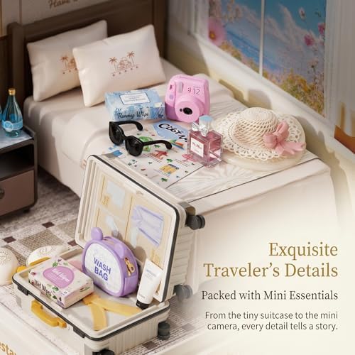 Cozy Hotel Room Miniature House Kit, Plastic DIY Dollhouse with Double Bed & Open Suitcase, Stackable Transparent Dust Cover, Creative Desktop Decor for Adults Teens - Image 4