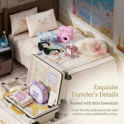 Cozy Hotel Room Miniature House Kit, Plastic DIY Dollhouse with Double Bed & Open Suitcase, Stackable Transparent Dust Cover, Creative Desktop Decor for Adults Teens - Image 4