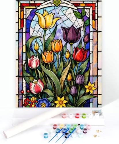 Floral Paint By Numbers Kit For Adults - Diy Stained Glass Tulips Painting On Canvas 16X20 Inches, Acrylic Paint Set, Suitable For Beginners, Wall Decor Art For Home Decoration Or Gifts， Unframed - Image 3