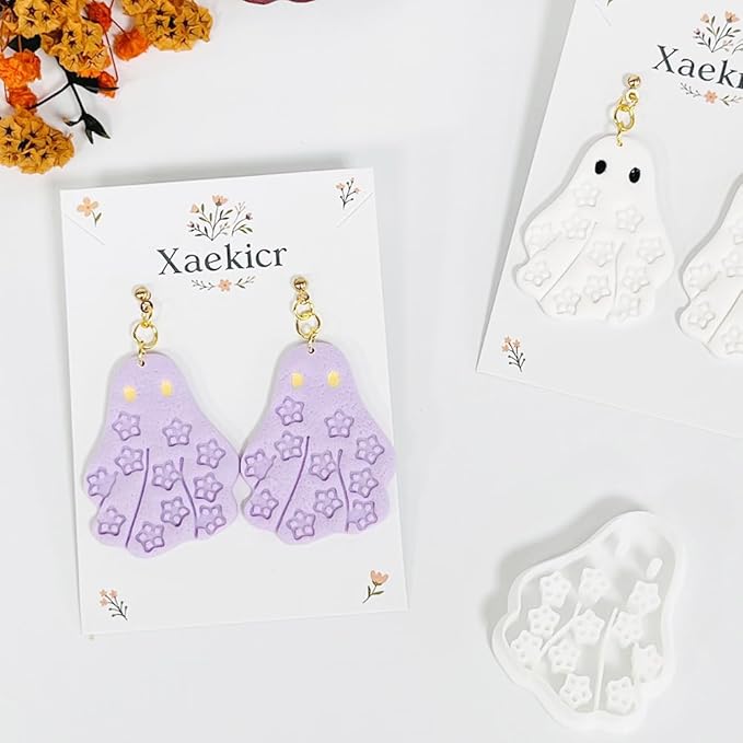 Xaekicr Halloween Ghost Polymer Clay Cutters with Floral Pattern – Cute Clay Earring Cutters Set for DIY Earrings – Polymer Clay Molds and Clay Tools for Halloween Jewelry Making