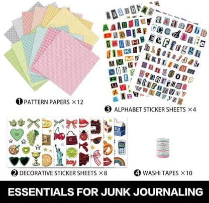 Scrapbook Supplies Kit 12 Sheets 6x6 Inch Scrapbook Paper 4 Letter Sticker Sheets 10 Washi Tape 8 Decorative Sticker Sheets for Scrapbooking Journaling Diary and Junk Journal Crafts (Girly) - Image 2