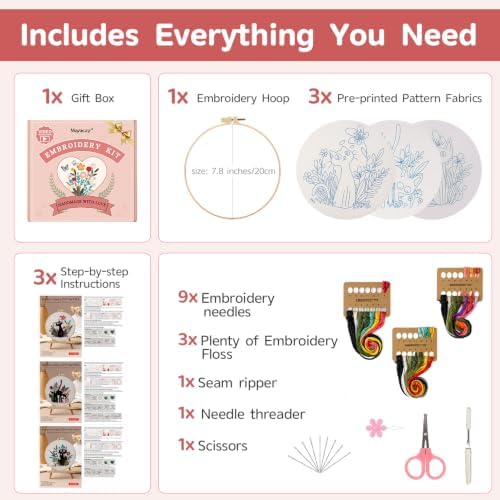 Meyocky Embroidery Kit for Beginners with Cat Flower Patterns& Stitch Video - Image 2