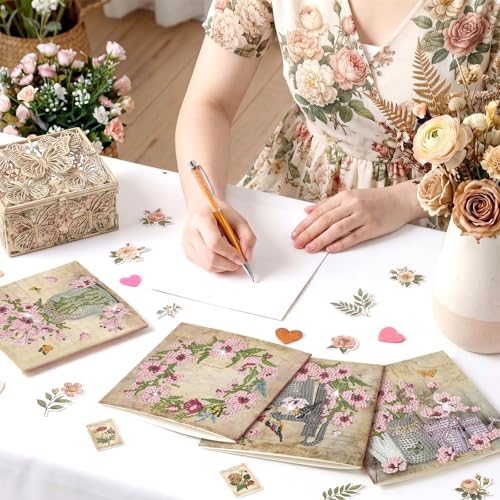 Saillong 12 Pack Vintage Floral Diamond Painting Greeting Card Kits Retro French Flower Diamond Art Cards with Envelopes Pink Flowers 5D Rhinestones Painting Kit for Adult DIY Craft Family Friend Gift - Image 2