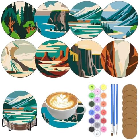 8 Pack Mountain Paint by Numbers Kits Coasters with Holder Cork Pads by Unknown