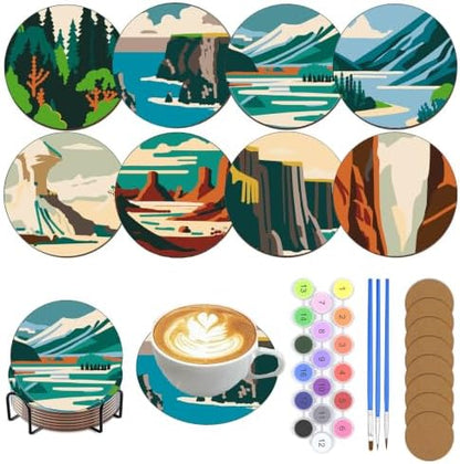 8 Pack Mountain Paint by Numbers Kits Coasters with Holder Cork Pads by Unknown