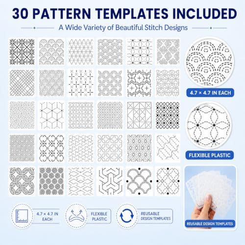 94 Pcs Sashiko Embroidery Kit for Beginners,Visible Mending,Hand Quilting,DIY Stitching and Sewing Projects,with Blue Sashiko Thread and Needles,Thimble,Stencils,Water-Soluble Pattern Sheets - Image 4