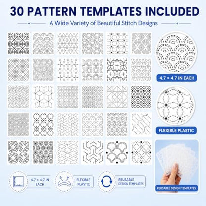 94 Pcs Sashiko Embroidery Kit for Beginners,Visible Mending,Hand Quilting,DIY Stitching and Sewing Projects,with Blue Sashiko Thread and Needles,Thimble,Stencils,Water-Soluble Pattern Sheets - Image 4