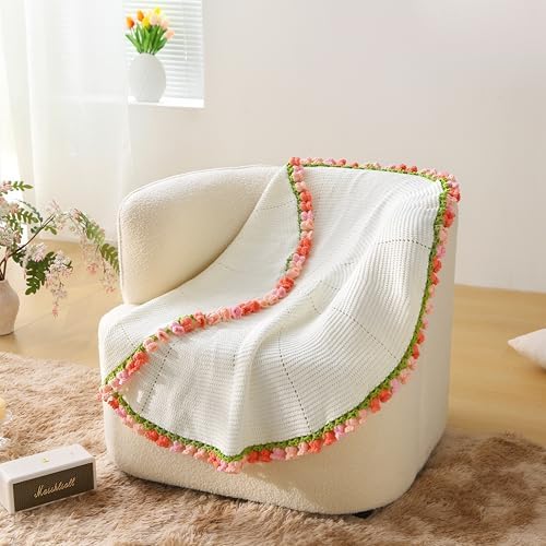 Crochet Flower Blanket Kit for Beginners, 40'' Lily of The Valley Bouquet, Blanket Shawl Throw Kits for Adults, How to Knitting with Yarn, Home Decor Gifts for Crocheters (White-Pink Lily) - Image 2