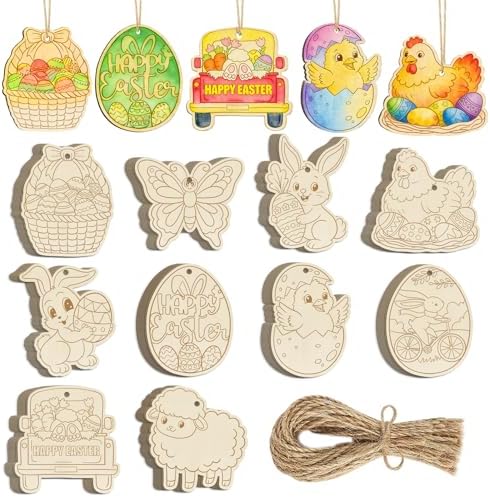 80PCS Wooden Easter Ornaments to Paint, 10 Styles DIY Blank Unfinished Wood Egg Cutouts Ornament for Crafts Hanging Decorations Happy Easter Hallow Egg Rabbit Bunny Butterfly Flower Hen by Sophena