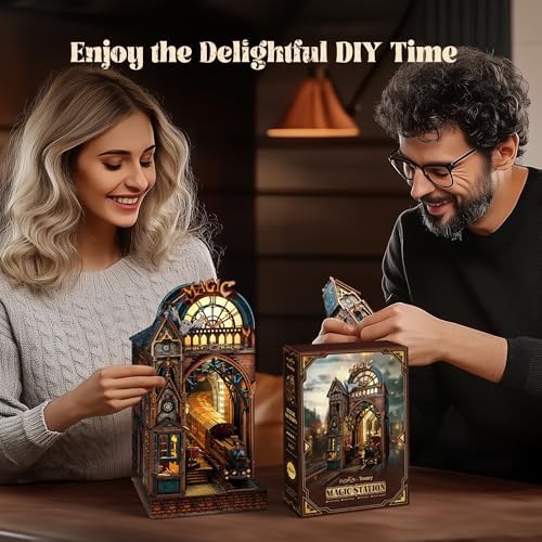 FUNPOLA LED 3D Puzzle Magic Station Book Nook Kit - Interactive 3D Wood Puzzle LED Magical Miniature with Infinite Extension Space - DIY Bookshelf Insert Decor Gifts(Magic Station) - Image 6