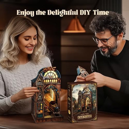 FUNPOLA LED 3D Puzzle Magic Station Book Nook Kit - Interactive 3D Wood Puzzle LED Magical Miniature with Infinite Extension Space - DIY Bookshelf Insert Decor Gifts(Magic Station) - Image 6