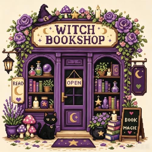 Witch Book Shop Stamped Cross Stitch Kits for Beginner 13.7x13.7 Inch by Mosaflare