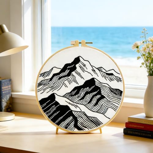 BEUNITONE 6PCS Beginner Embroidery Kit for Adults, Minimalist Black and White Style Pre-Stamped Pattern Needlepoint Kits with Hoops & Instruction, Hand Embroidery Kits for Fabric and Home Decor 7.9" - Image 5