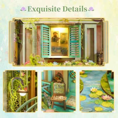 Tonecheer DIY Book Nook Kit for Adults, 3D Puzzle Wooden Miniature House Kit, Booknook Dollhouse Bookshelf Insert Decor Bookend with Dust Cover and LED Lights Gifts (Giverny Garden) - Image 3