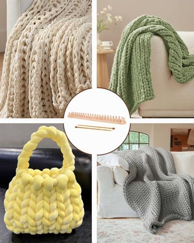 HAPPYER 66" Chunky Knitting Blanket Loom Kit – Large Wooden Loom for Chunky Yarn, Big Knit Blanket Making Machine for Beginners, Hand Weaving & Crochet Yarn Craft Set with Knitting Needles - Image 7