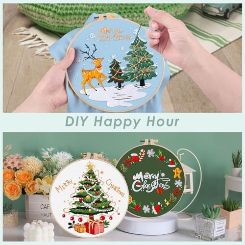 ERKOON 5 Sets Embroidery Kit for Beginners, Christmas Cross Stitch Set with Easy Pattern Embroidery Cloth Hoops Threads for Craft Lover Hand Stitch - Image 3