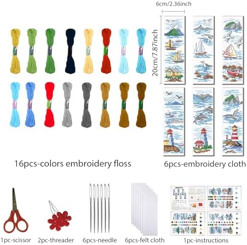 FREEBLOSS 6 Set Cross Stitch Bookmark Kit Stamped Cross Stitch Kit Ocean View Theme Embroidery Set with Instruction for Adults 8''*2.4'' - Image 2