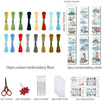 FREEBLOSS 6 Set Cross Stitch Bookmark Kit Stamped Cross Stitch Kit Ocean View Theme Embroidery Set with Instruction for Adults 8''*2.4'' - Image 2