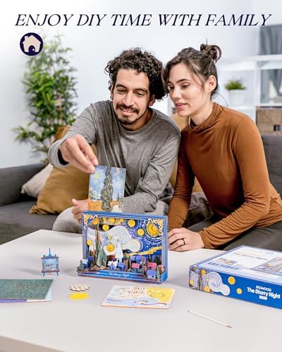 Rowood Starry Night 3D Puzzles for Adults,Mother's Day DIY Wooden Vincent Van Gogh Painting Artwork Craft Kit Building Set with LED,Home Decor Botanical Collection Gift for Family on Christmas - Image 6