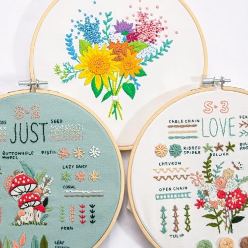 LX LERMX Embroidery Kit for Beginners Adults, 34 Stitch Techniques with Floral Patterns, Complete DIY Kit with Stamped Patterns, Hoop, Colorful Threads, Tools (Pattern 2) - Image 4