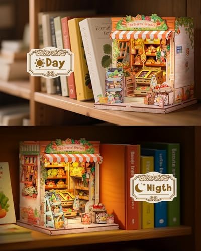CUTEBEE Book Nook Kit for Adult, DIY Miniature House Kits, LED Booknook Tiny House, Decorative Bookends Bookshelf Home Décor, 3D Wooden Puzzle, Craft Gifts for Booklovers (The Greens’ Grocery) - Image 5