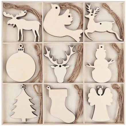 MACTING 45PCS Wooden Christmas Ornaments Unfinished Predrilled Natural Wood Slices DIY Blank Hanging Ornaments Kit for Crafts Centerpieces Christmas Tree Decorations, 9 Styles by MACTING
