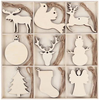 MACTING 45PCS Wooden Christmas Ornaments Unfinished Predrilled Natural Wood Slices DIY Blank Hanging Ornaments Kit for Crafts Centerpieces Christmas Tree Decorations, 9 Styles by MACTING