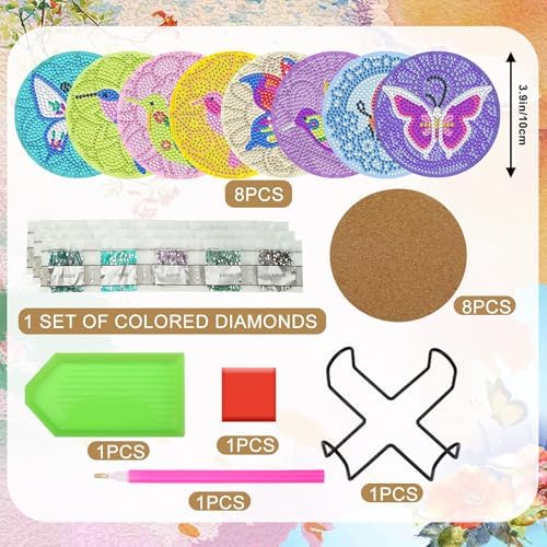 UPINS DIY Kit, Diamond Art Painting Coasters with Holder, 8 Pcs Hummingbird Butterfly Coaster Craft Supplies for Adults Kids Beginners - Image 2