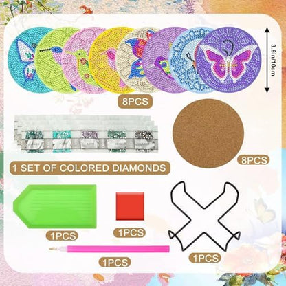 UPINS DIY Kit, Diamond Art Painting Coasters with Holder, 8 Pcs Hummingbird Butterfly Coaster Craft Supplies for Adults Kids Beginners - Image 2